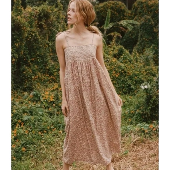 Doen Dresses & Skirts - Doen Floral Midi Dress in Brown and Cream